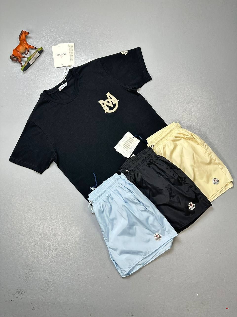 Moncler Shorts T-shirt Set Black Beige Turquoise