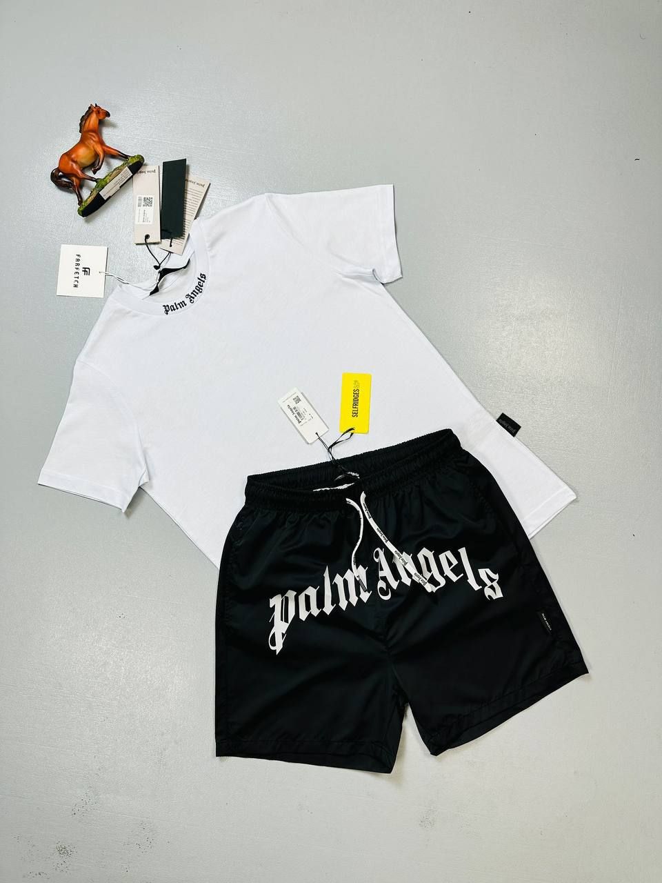 Palm Angels Men's Women's Black White Blue Shorts Tshirt Set Fake AAA Sale UK Man Woman First Copy Cheap Price Replica T-shirts Swim Short Sets 1st Copies Rep Men Women 1 to 1 Fakes Reps Cargo Pants PA Luxury Brand Curved Logo 1:1 Duplicate