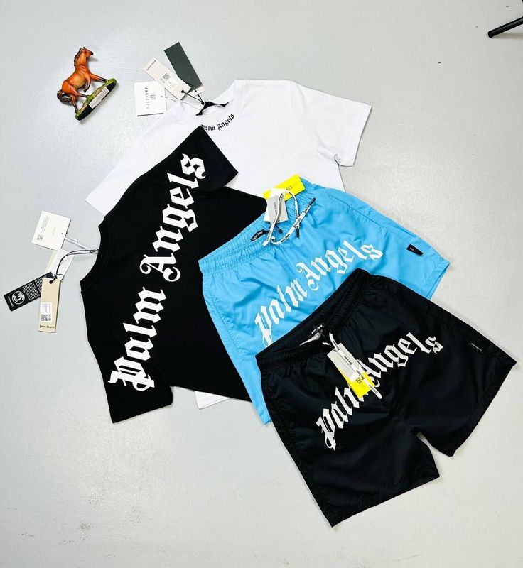 Palm Angels Curved Logo Shorts T-shirts Set Palm Angels Men's Women's Black White Blue Shorts Tshirt Set Fake AAA Sale UK Man Woman First Copy Cheap Price Replica T-shirts Swim Short Sets 1st Copies Rep Men Women 1 to 1 Fakes Reps Cargo Pants PA Luxury Brand Curved Logo 1:1 Duplicate