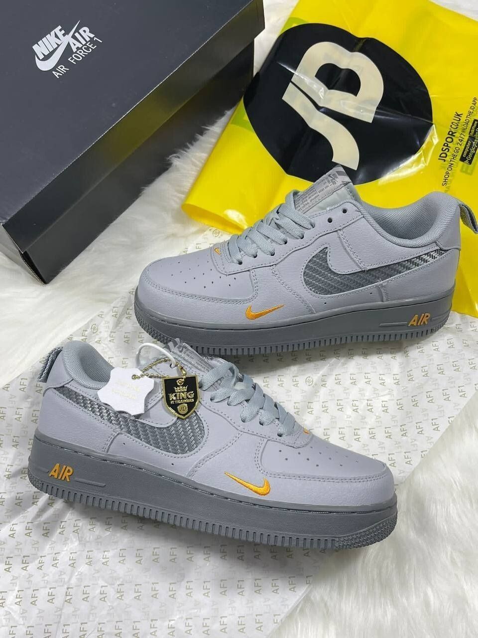 Nike Air Force 1 Low '07 Wolf Grey Kumquat Men's Trainers Black Royal Carbon Fiber Replica Sneakers Sale UK, Colour: Wolf Grey