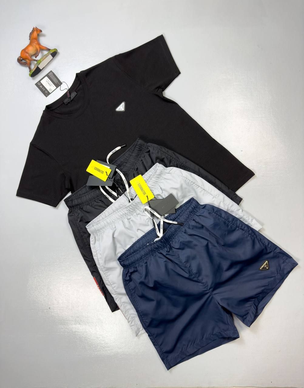 Prada Milano Men's Logo Black T-shirts Grey Blue Shorts Set Fake Rep Sale UK Man First Copy T-shirt Cargo Short Sets Men Cheap Price Fakes Reps 1st Copies Luxury Replica 1 to 1 Joggers Nylon Pants 1:1 Boys Brand Patch Bottom AAA Duplicate
