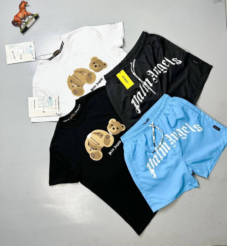 Palm Angels PA Summer Teddy Bear T-shirts Shorts Set Palm Angels Men's Women's Black White Blue T-shirts Shorts Set Fake Rep Sale UK Men Women First Copy Replica Teddy Bear Cheap Price Tshirts Swim Short Sets 1st Copies Fake Rep Man Woman 1 to 1 Fakes Reps Cargo Pants PA Brand Logo 1:1 AAA Duplicate