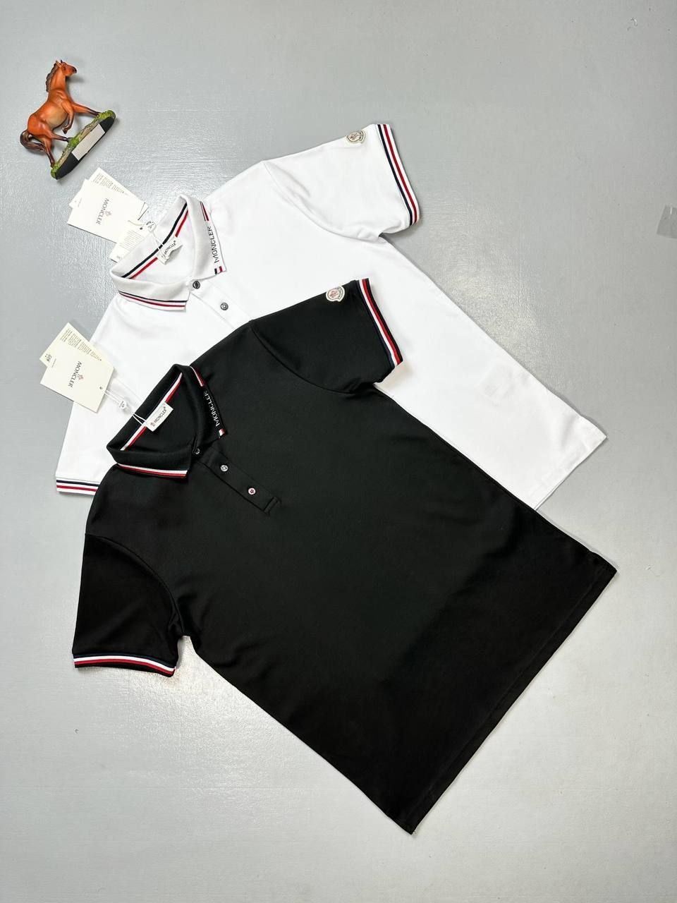 Moncler Polo Shirts Logo Collar Stripe Printed Black White Sale UK