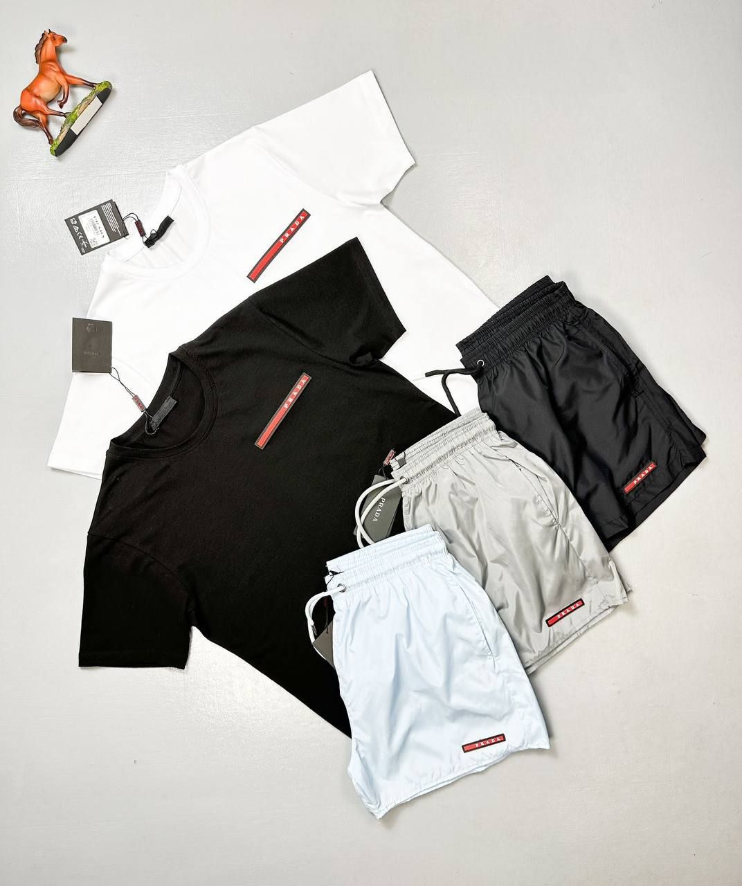Prada Milano Men's Logo Black White T-shirts Grey Blue Shorts Set Fake Rep Sale UK Man First Copy Replica Men Cheap Price Fakes Reps Tshirt Cargo Swim Shorts 1st Copies Joggers 1 to 1 Brand Patch 1:1 AAA Nylon Cotton Swimming Bottom Boys Duplicate