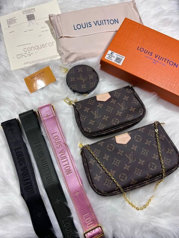Louis Vuitton Women's LV Multi Pouchette Bag Louis Vuitton Women's LV Brown Pouchette Designer Reps AAA Sale UK Women First Copy Fake Replica Crossbody Luxury Leather Purse Woman Cheap Price 1st Copies Black Brown Pink Chain Strap Shoulder Bags Ladies Fakes Rep 1:1 LV Brand Logo Monogram Handbag
