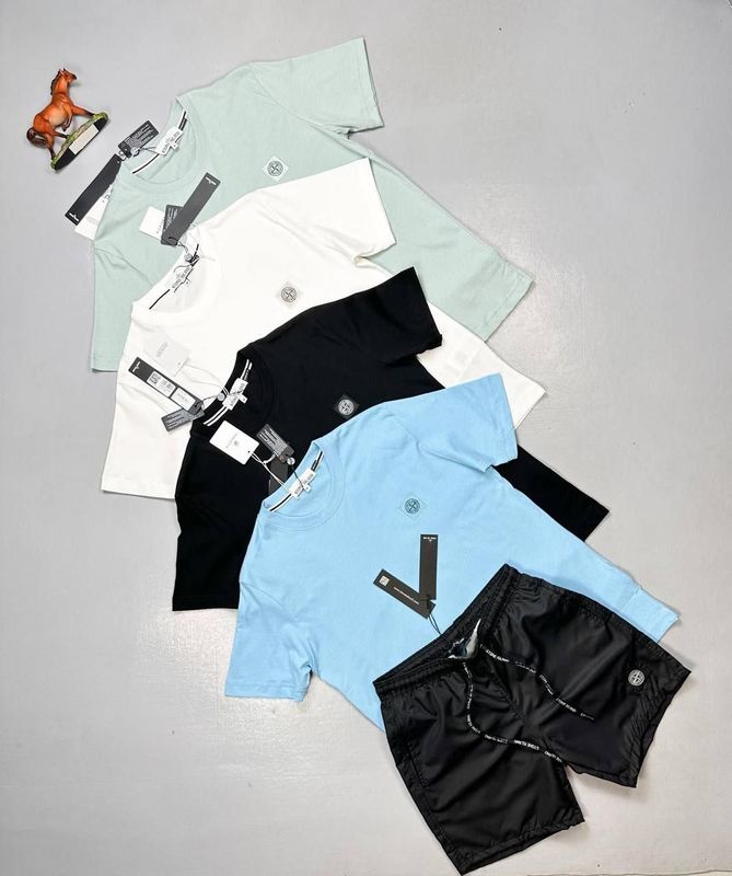 Stone Island Men's T-shirts Shorts Set Black White Blue Green Patch Logo Sale UK