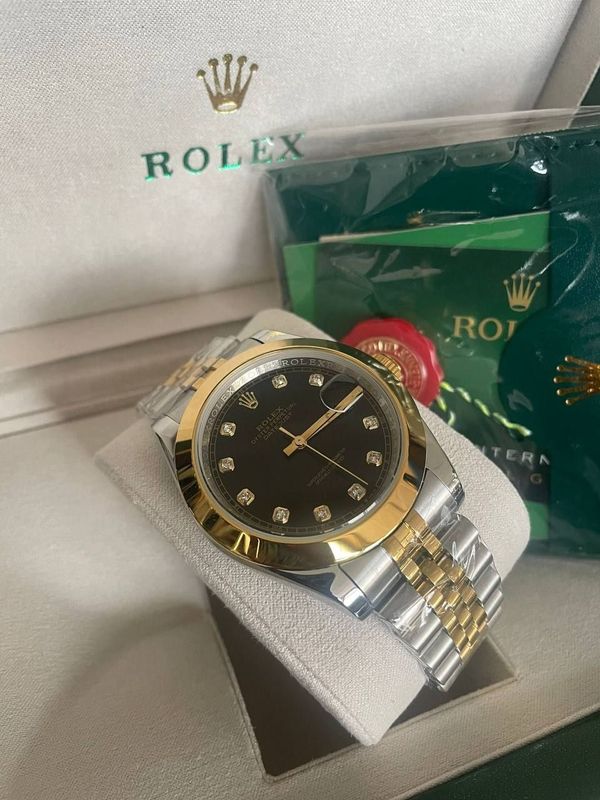 Rolex Datejust Black Dial with Two Tone Chain Strap Watch Men's