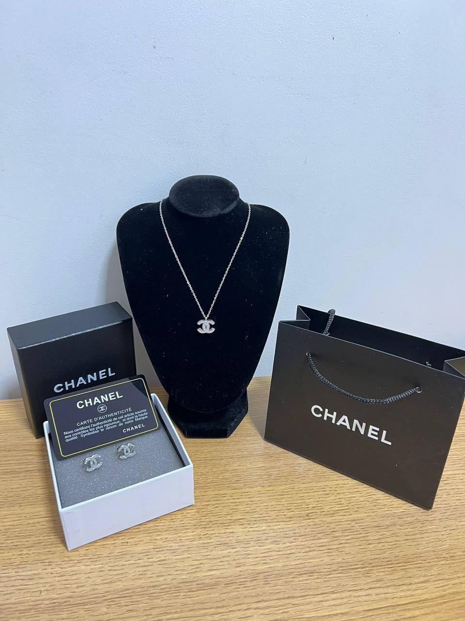 Chanel CC Crystal Necklace & Earrings Silver Tone For Women