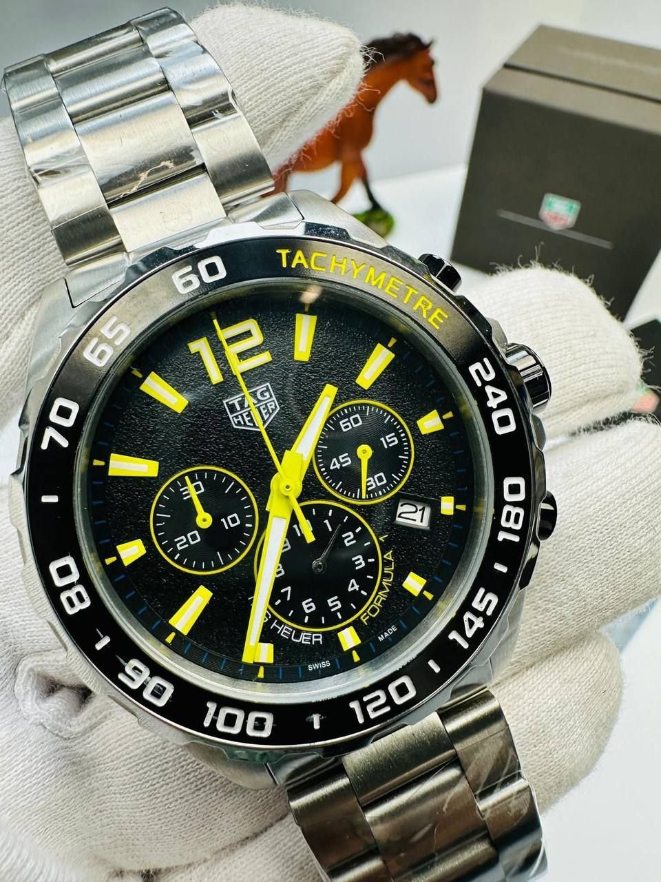 Tag Heuer F1 Formula 1 Chronograph Stainless Steel Yellow Dial Watch for Men's