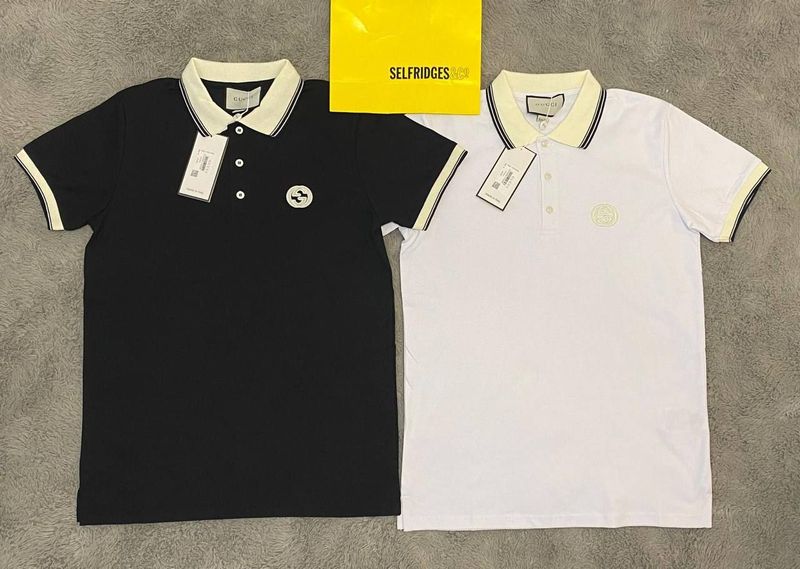 Gucci Men's Women's Wool Cotton Jersey Polo Shirt Gucci Men's Women's Pique Polo Shirts GG Black White Replica AAA Sale UK Man Woman First Copy Fake Reps Wool Cotton Jersey Men Women Cheap Price Rep Polos Shirt Web Collar Luxury Designers Brand Logo Double G Unisex Fashion Clothing 1st Copies