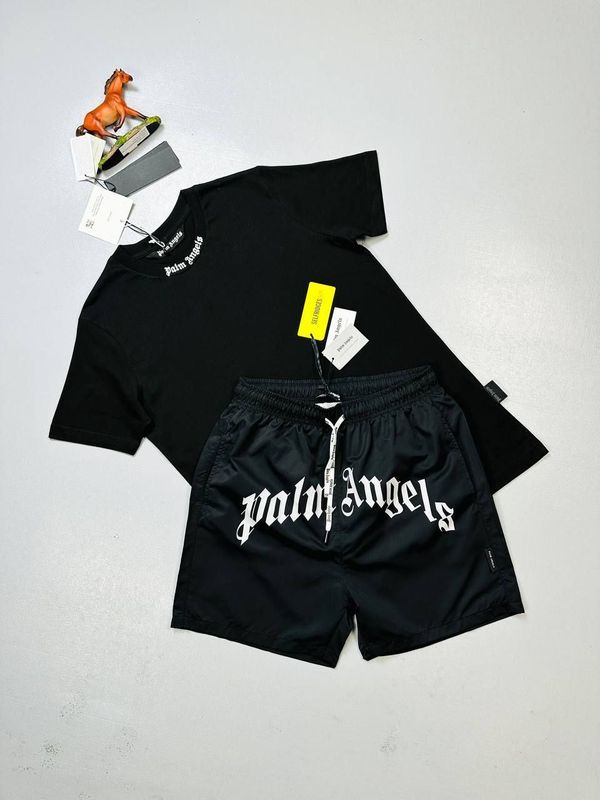 Palm Angels Curved Logo T-shirts Shorts Set Palm Angels Men's Women's Black T-shirt Shorts Set Fake Rep Sale UK Man Woman First Copy Cheap Price Replica T-shirts Swim Short Sets 1st Copies Men Women 1 to 1 Fakes Reps Cargo Pants PA Luxury Brand Curved Logo 1:1 AAA Duplicate