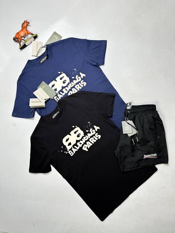 Balenciaga Men's Black Blue T-shirts Shorts Sets Fakes Reps AAA Sale UK Men First Copy Replica BB Paris Graffiti Splash Tshirts Short Sets 1st Copies Cheap Price Man T Shirts Swim Cargo 1 to 1 Fake Rep 1:1 Luxury Brand Logo Duplicate