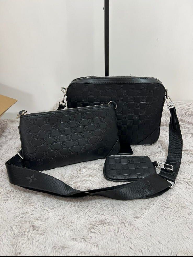 Louis Vuitton Men's Trio Messenger Bag Black Designer Reps Sale UK Men First Copy Replica Cheap Price Luxury Bags Man 1st Copies LV Brand Logo Crossbody Fakes Leather Canvas Boys Rep Handbags Long Belt 1:1 Duplicate Original