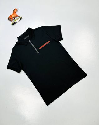 Prada Milano Half Zip Up Pique Logo Polo Shirts, Polo Shirt Colors: Black