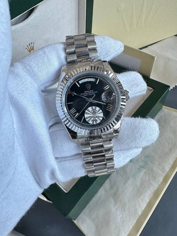 Rolex Day-Date Watch Black Dial with Silver Chain Strap For Men's