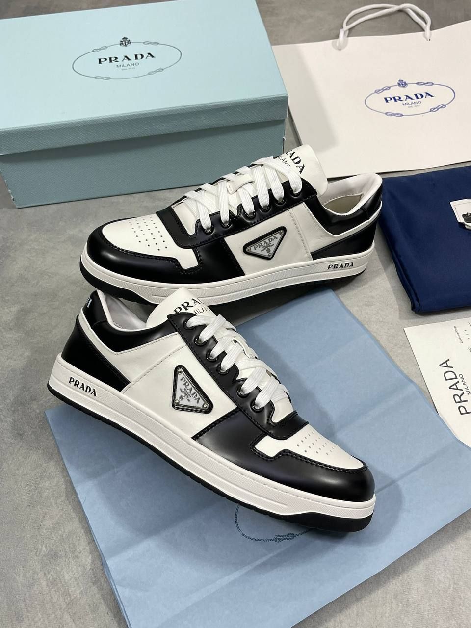 Prada Milano Men's Downtown Leather Black White Trainers Fake Rep Sale UK Men First Copies Sneakers Man Replica Trainer Cheap Price Fakes Reps Sneaker 1st Copy Luxury Brand Logo Shoe 1:1 Trainer 1 to 1 Designer Casual Shoes AAA Duplicate