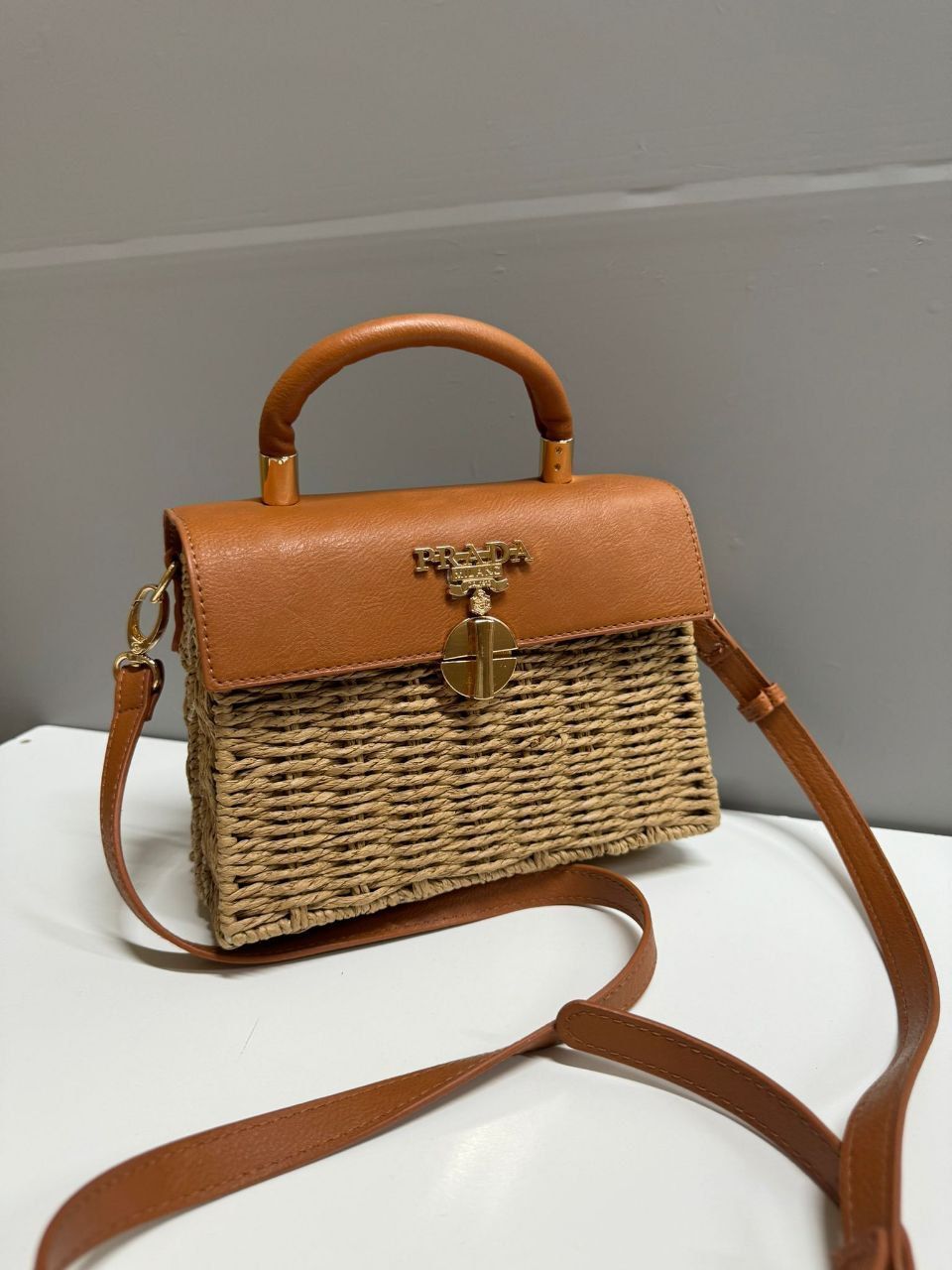 Prada Milano Two Tone Twist Lock Straw Mini Handbag, Colors: Brown