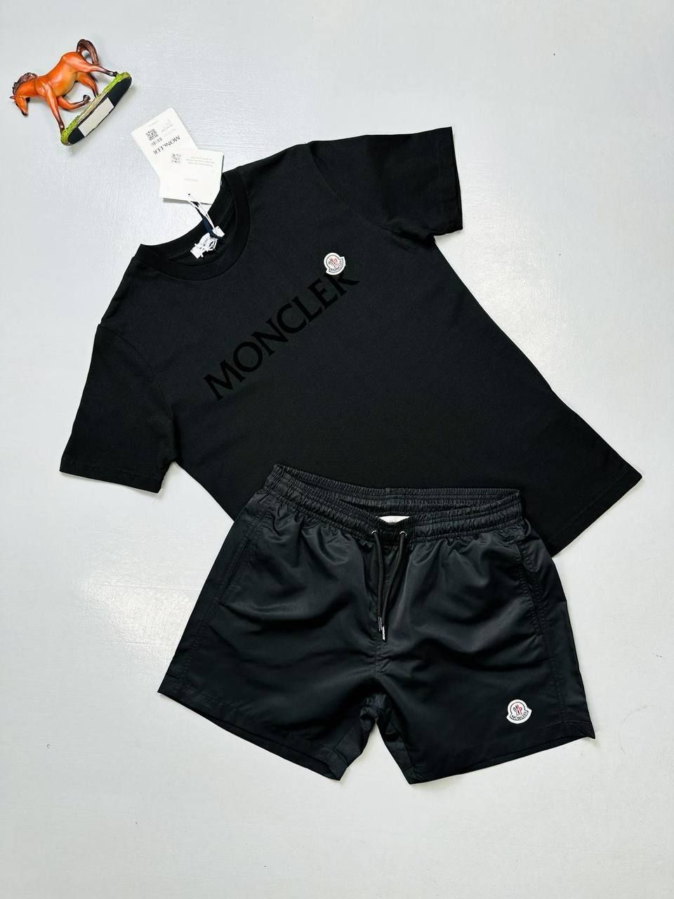 MONCLER SHORTS AND T-SHIRT SET in Black T-Shirt with Different Color Shorts, Shorts Colors: Black