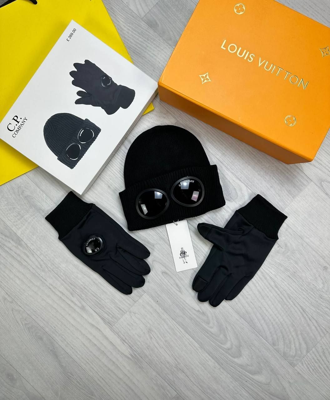 C.P. Company Goggles Beanie Hat & Gloves Set Black