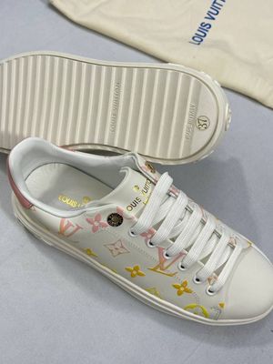 Louis Vuitton Monogram Debossed Time Out Leather Women's Trainers, Colors: White with Pink/Yellow  LV Monogram