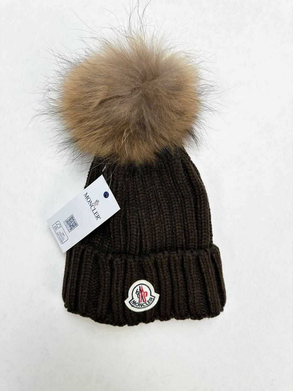 Moncler Enfant Logo Patch Faux Fur-Trimmed Wool Beanie Hats, Colors: Brown with Brown Fur