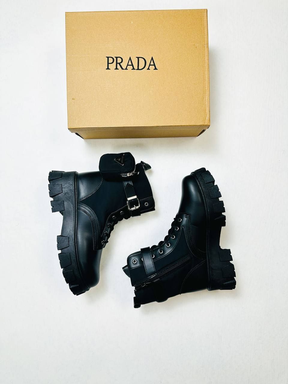 Prada Milano Women's Leather Black Combat Boots Fakes Reps Sale UK Woman First Copy Replica Long Boot Ladies Cheap Price Fake Rep Shoes 1st Copies Pocket Chunk Shoe 1:1 Luxury Brand Logo 1 to 1 Designer Ankle Lace Up AAA Duplicate