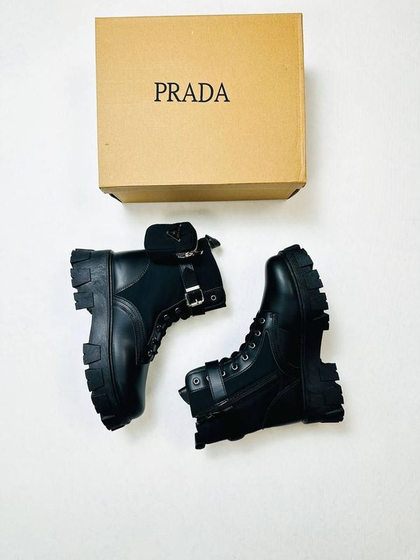Prada Milano Women's Leather Black Combat Boots Fakes Reps Sale UK Woman First Copy Replica Long Boot Ladies Cheap Price Fake Rep Shoes 1st Copies Pocket Chunk Shoe 1:1 Luxury Brand Logo 1 to 1 Designer Ankle Lace Up AAA Duplicate