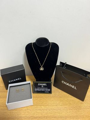 Chanel CC Logo Crystal Necklace & Earrings in Golden Color For Women's