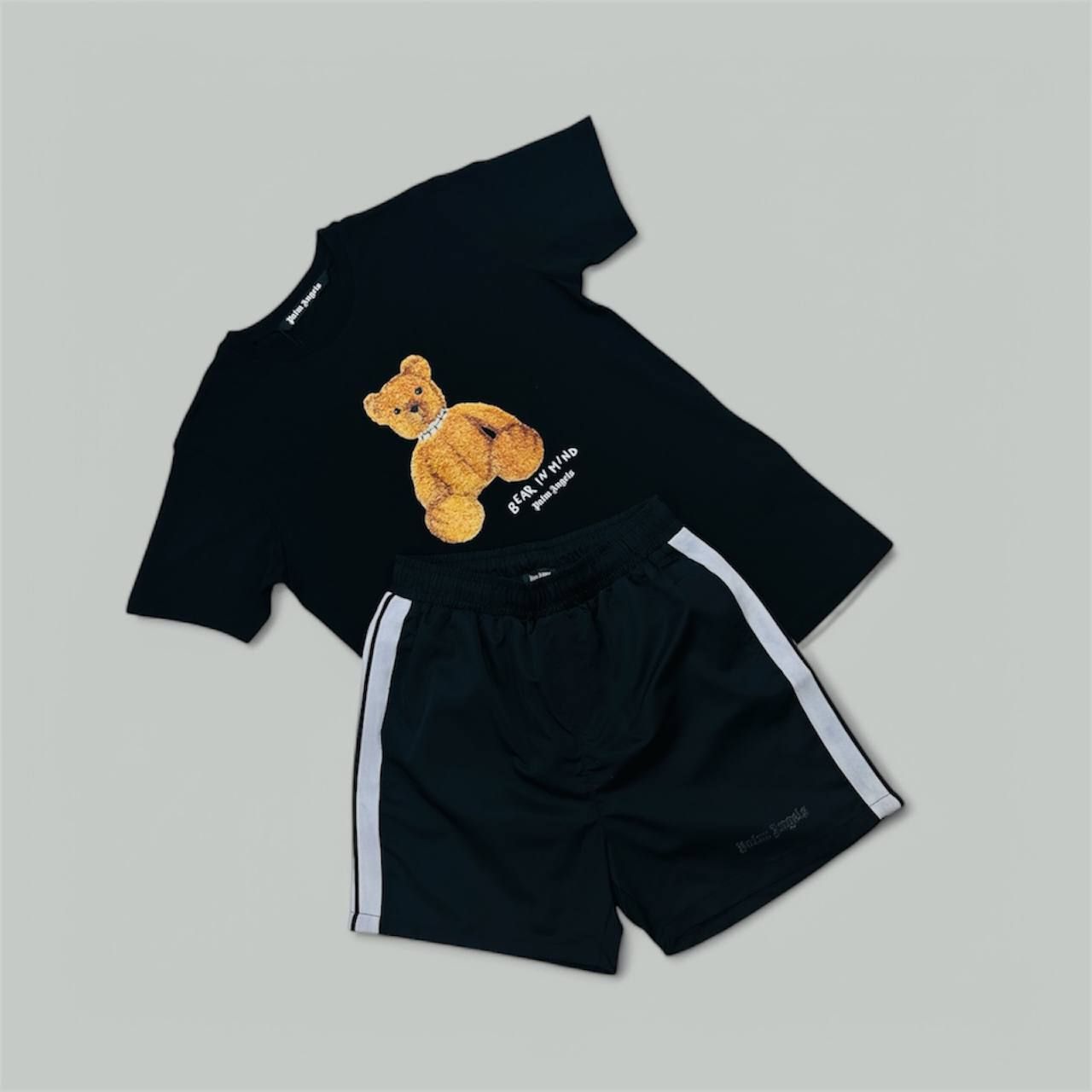 Palm Angels Men Women Bear In Mind Black White T-shirt Grey Shorts Set Sale UK Man Woman First Copy Cheap Price Replica T-shirts Swim Short Sets 1st Copies Fake Rep Men's Women's 1 to 1 Cargo Pants Fakes Reps PA Luxury Brand Logo 1:1 AAA Duplicate