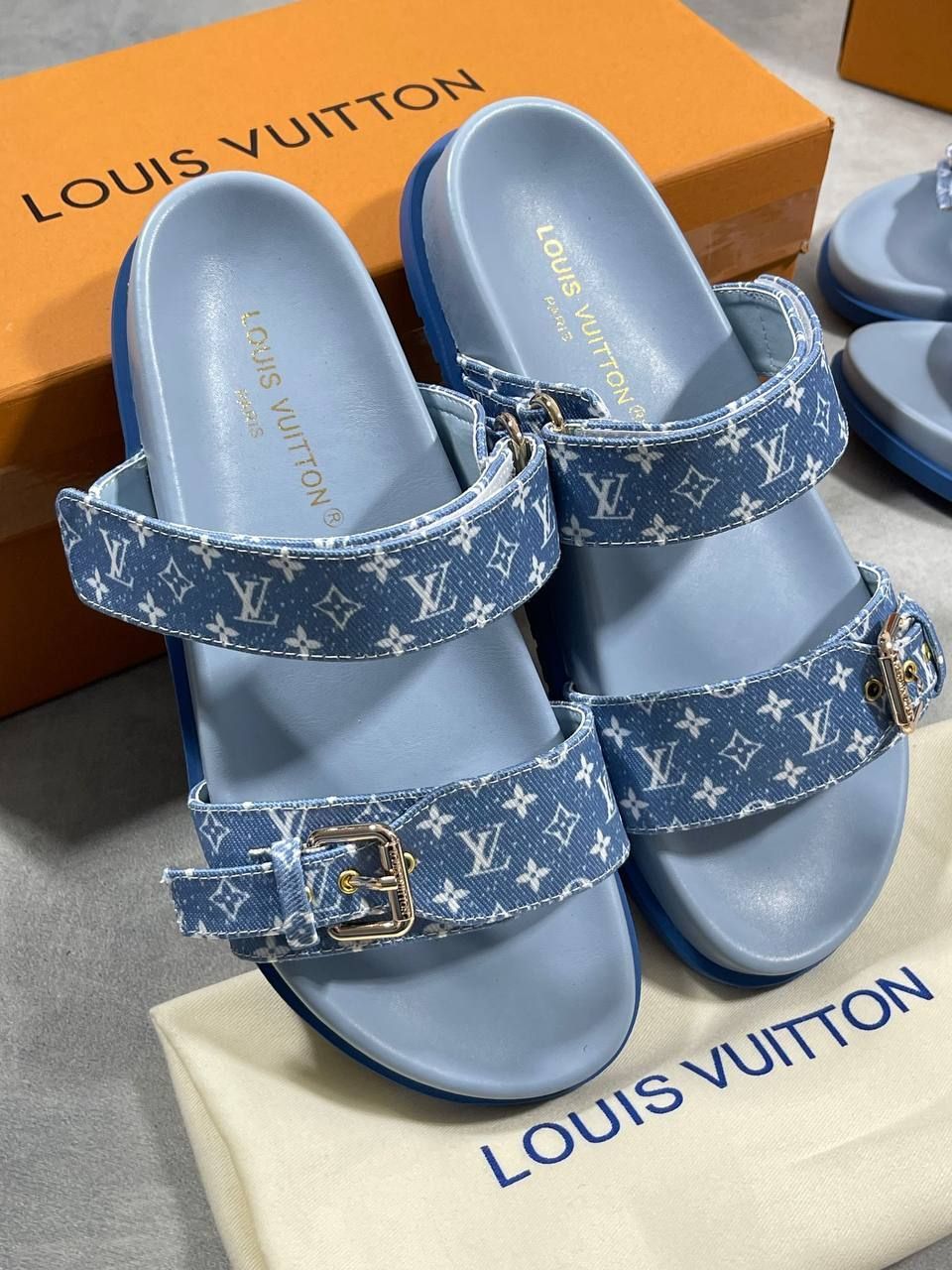 Louis Vuitton Women's Bom Dia Comfort Flat Blue Slider Rep Sale UK Woman First Copy Fake Reps Sliders Women Cheap Price Fakes Replica Flip Flop 1st Copies Sandals Girls 1:1 LV Brand Logo Luxury Slides 1 to 1 Slippers AAA Mules Duplicate