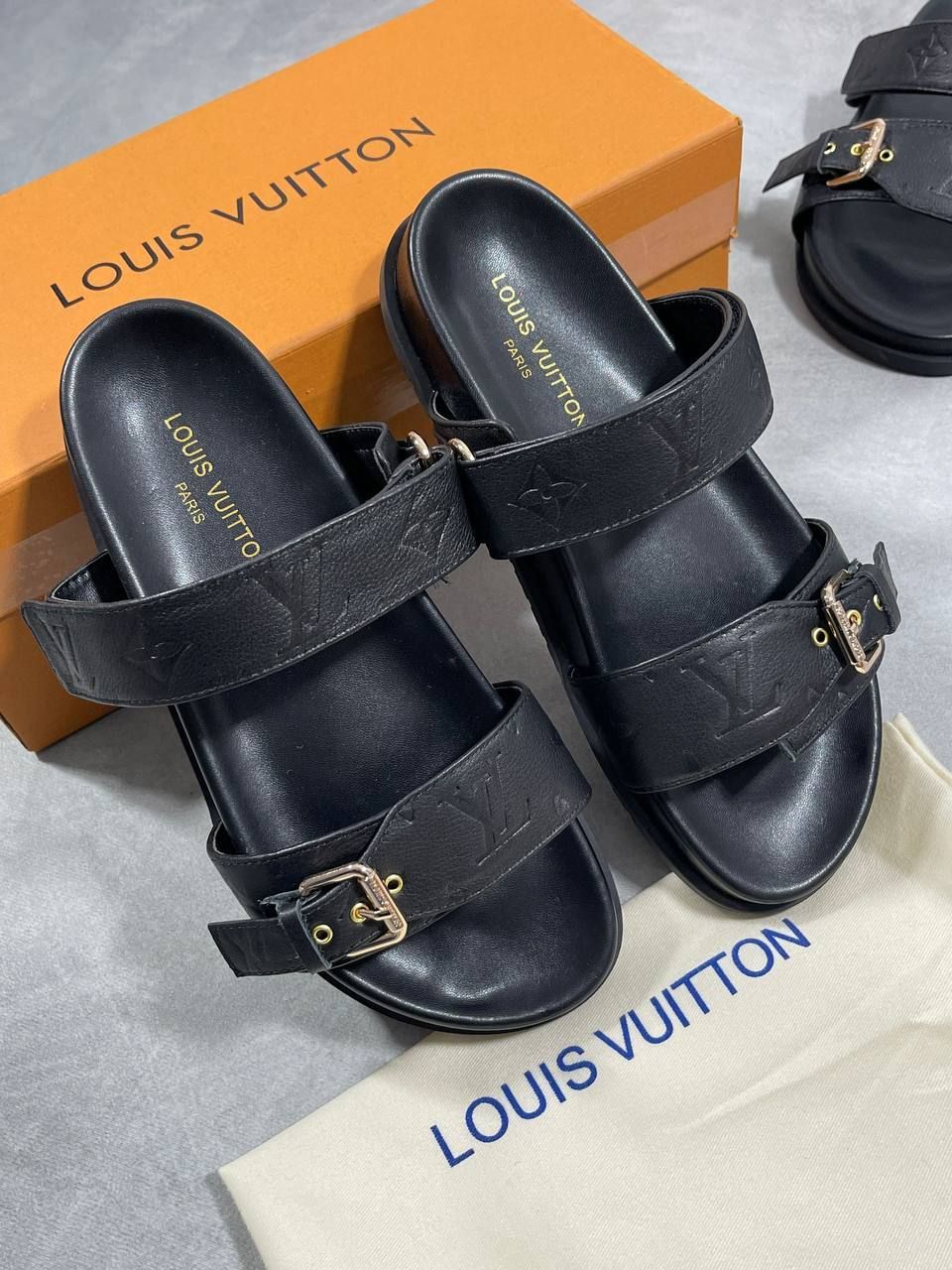 Louis Vuitton Women Bom Dia Comfort Flat Black Sliders AAA Sale UK Woman First Copy Fake Replica Slider Women's Cheap Price Fakes Rep Flip Flop 1st Copies Reps Sandals 1:1 LV Brand Logo Luxury Slides 1 to 1 Slippers Mules Duplicate