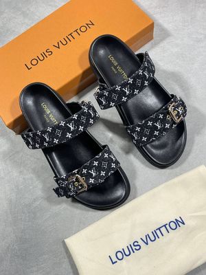 Louis Vuitton Women's Woven Bom Dia Denim Black Sliders Rep Sale UK Woman First Copy Fake Replica Slider Women 1st Copies Cheap Price Slippers Fakes Reps Sandals 1:1 LV Brand Logo Luxury Flat Slides 1 to 1 Flip Flop Mules AAA Duplicate