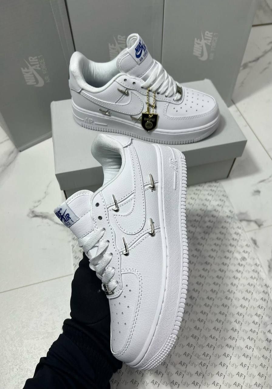 Nike Air Force 1 Mini Metallic Swooshes to the Mid-Panel in White Color Men's Trainers