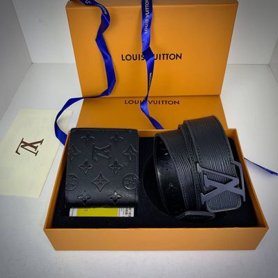 Louis Vuitton Logo Printed Wallets and Belts Sets For Men's in Black Color