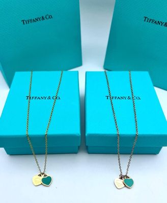 Tiffany & Co. Mini Double Heart Tag Necklaces For Women's in 2 Colors