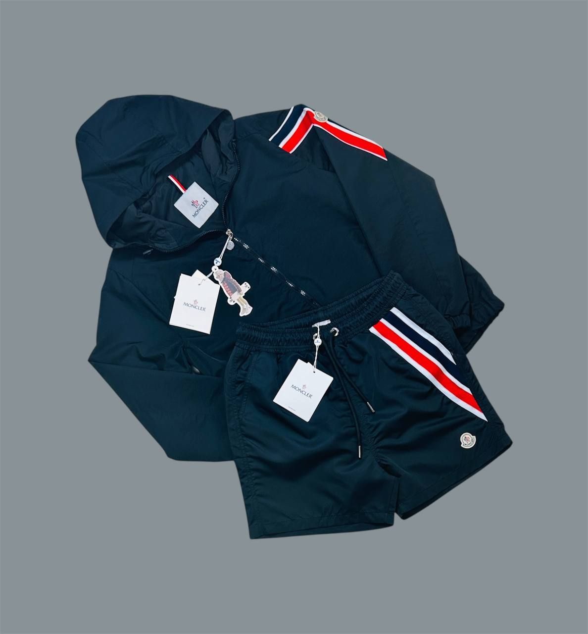 Moncler Tricolor Jackets & Shorts Sets For Men's in Different Colors, Colors: Navy Blue Jacket & Navy Blue Short