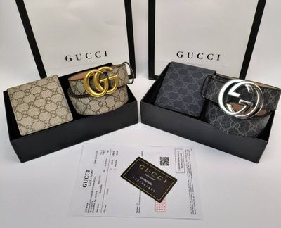 Gucci Logo Buckle Leather Wallet & Belt Sets For Men's in Different Colors