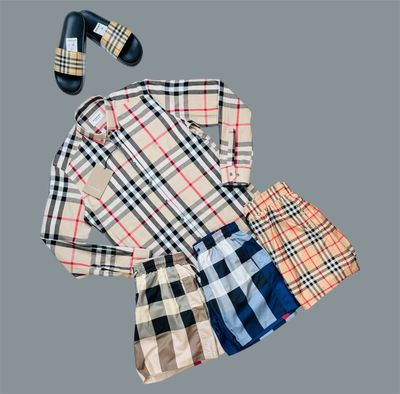Burberry Brown Plaid Button Up Long Sleeve Cotton Shirt & Shorts Set For Men's