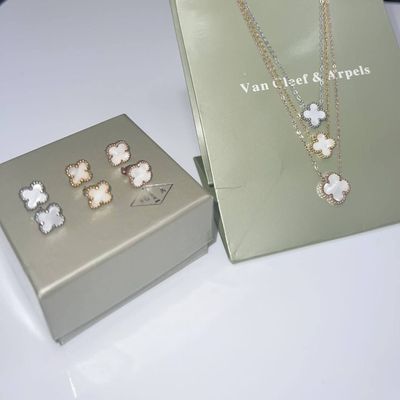 Van Cleef & Arpels Four Leaf Clover White Necklace & Earrings Sets For Women's in Different Chain Colors