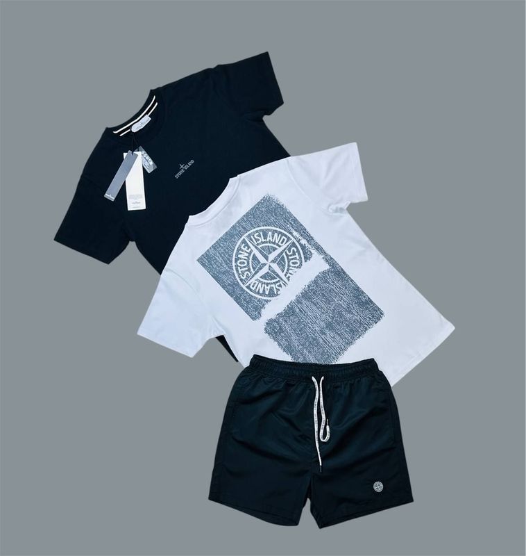 Stone Island Large Print Crew Neck T-Shirt & Shorts Sets For Men's in 2 Colors