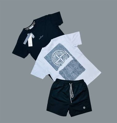 Stone Island Large Print Crew Neck T-Shirt & Shorts Sets For Men's in 2 Colors