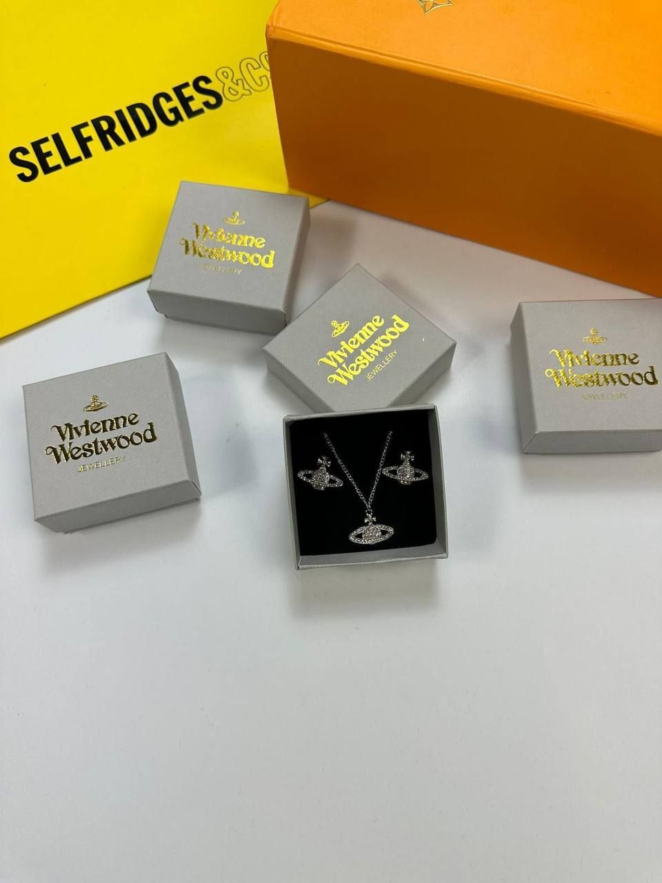 Vivienne Westwood Mini Bas Relief Silver Necklace & Earrings Set For Women's