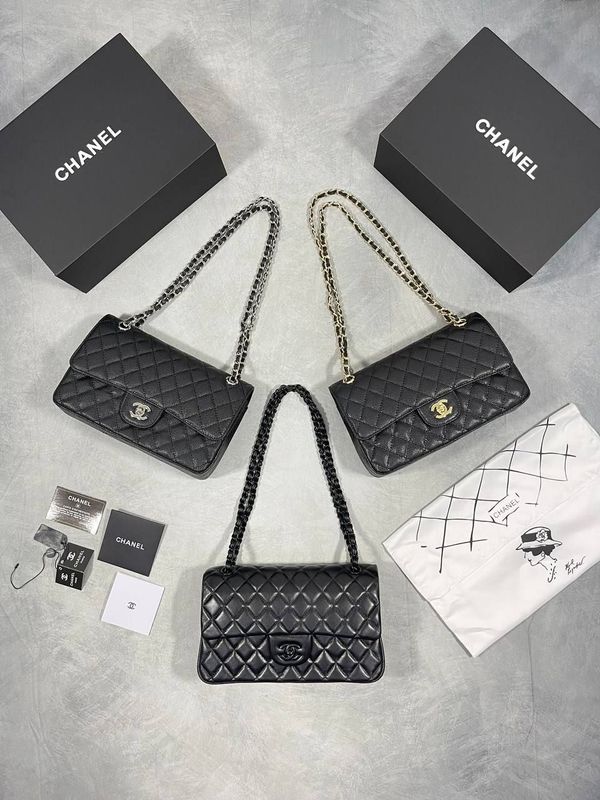 Chanel CC Quilted Caviar Double Flap Black Shoulder Bag For Women's in Different Logo Colors