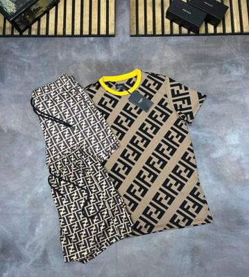 Fendi FF Logo Printed T-Shirt With Nylon Swim Short Set In Brown & Black