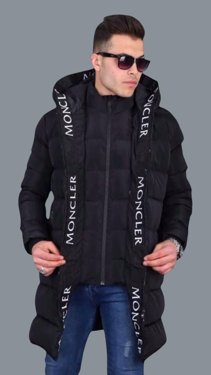 Moncler Padded Coat With Writing Around Hood Long Jacket For Men's in Black Color