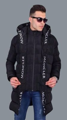 Moncler Padded Coat With Writing Around Hood Long Jacket For Men's in Black Color