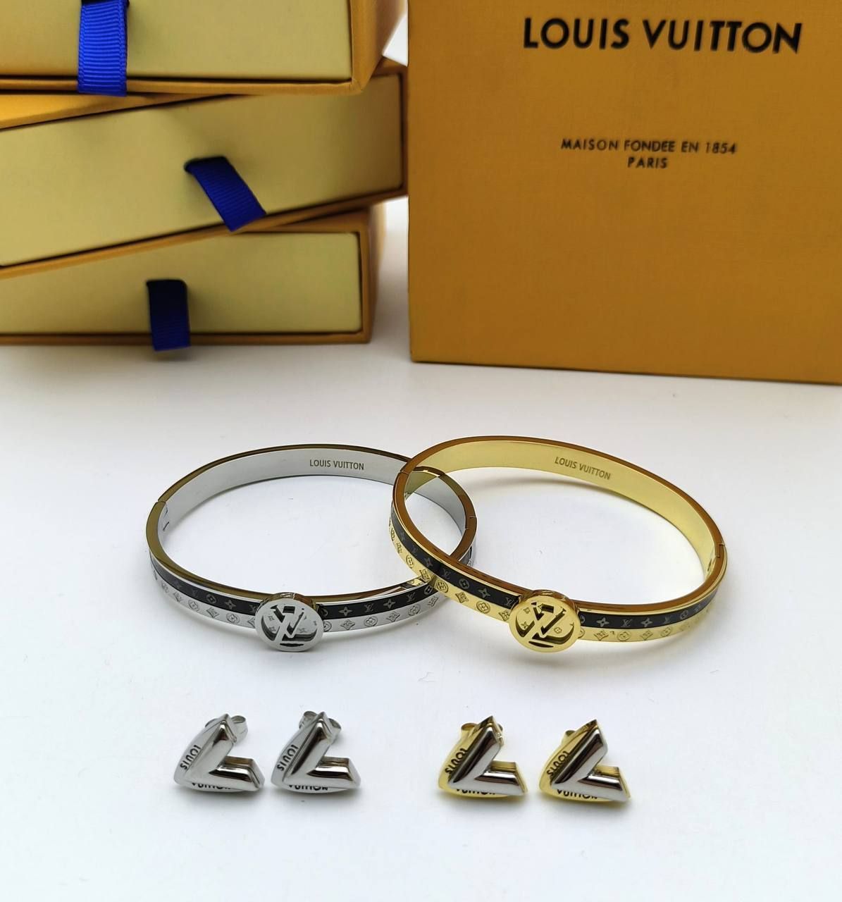 Louis Vuitton Stainless Steel Signature Bracelet & Earring Set For Women's in 2 Colors