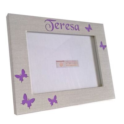 Cornice portafoto in legno e tela di lino farfalle e nome