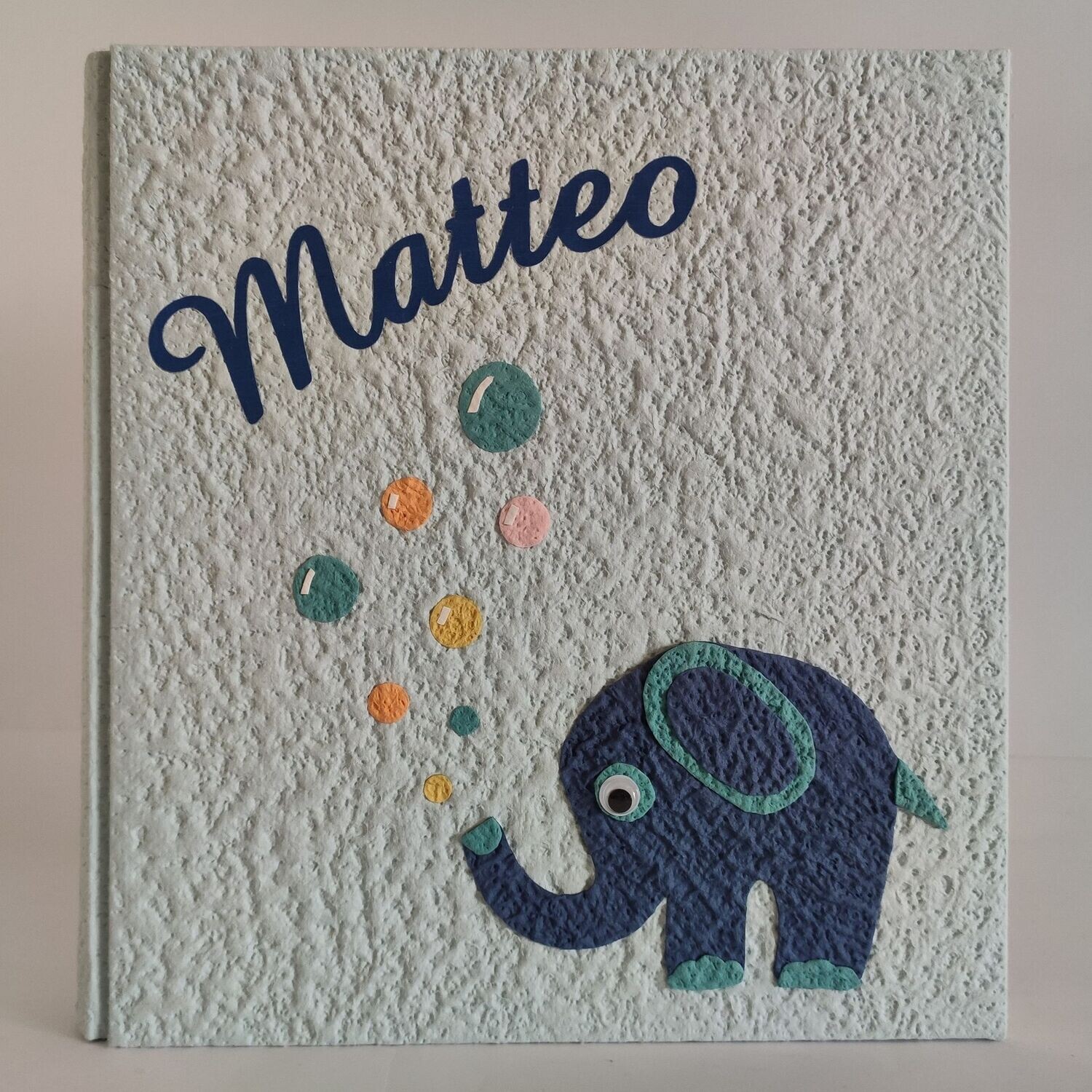 Album fotografico celeste con elefantino e nome