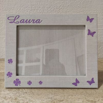 Cornice portafoto in legno e tela di lino farfalle, fiori e nome